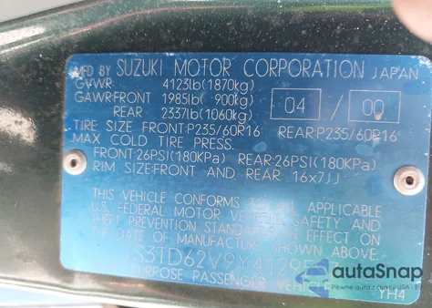 2000 Suzuki Grand Vitara Jlx/Jlx+/Limited из США, поврежденный, VIN JS3TD62V9Y4129597